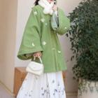 Round Neck Coat / Pleated Maxi A-line Skirt / Fluffy Scarf / Set