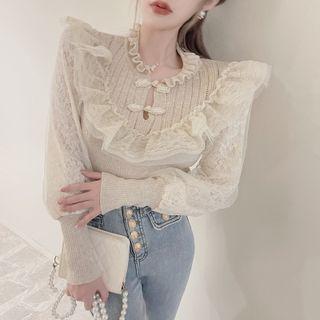 Ruffle Trim Lace Panel Knit Top / High Waist Skinny Jeans