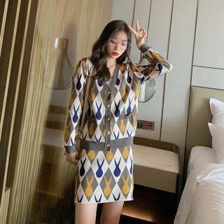 Set: Printed V-neck Cardigan + Knit Mini Straight-fit Skirt Set - One Size