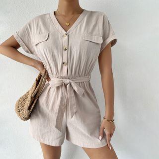Short-sleeve V-neck Plain Half-button Tie-waist Romper