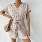 Short-sleeve V-neck Plain Half-button Tie-waist Romper