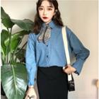 Bow Bell-sleeve Long-sleeve Denim Blouse