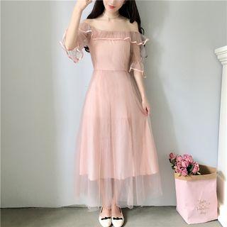 Off-shoulder Elbow-sleeve Mesh Maxi Dress