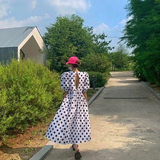 Puff-sleeve Keyhole-back Dotted Dress