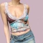 Lace-trim Lettuce-edge Printed Cropped Tank Top