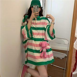 Set: Elbow-sleeve Striped Polo Shirt + Bear Doll