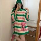 Set: Elbow-sleeve Striped Polo Shirt + Bear Doll