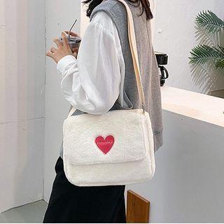 Heart Embroidered Furry Crossbody Bag