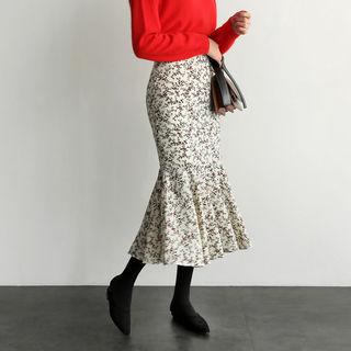 Ruffle-hem Floral Print Long Skirt
