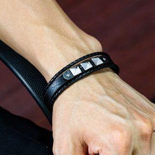 Studded Alloy Leather Layered Bracelet 1336 - Bracelet - Black & Silver - One Size