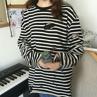 Striped Distressed Long- Sleeve Sweatshirt