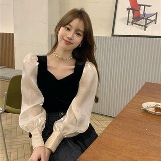Lantern-sleeve Velvet Panel Blouse Black - One Size