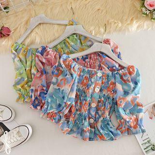 Chiffon Pleated Floral Puff-sleeve Top