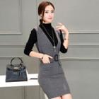 Set: Mock Neck Long-sleeve Knit Top + Belted Pinafore Dress
