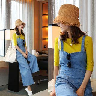 Pocket-detail Wide-leg Denim Suspender Pants