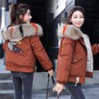 Faux Fur Trim Hooded Embroidered Padded Jacket