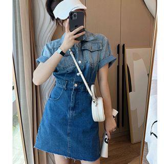 Short-sleeve Gradient Denim Mini Sheath Dress
