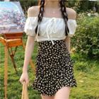 Off-shoulder Shirred Blouse / Floral Print A-line Skirt