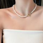 Geometric Alloy Pendant Freshwater Pearl Choker White - One Size