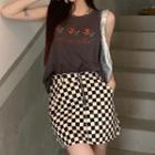 Flower Embroidered Tank Top / Checkered Mini Pencil Skirt
