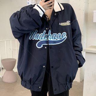 Collared Letter Embroidered Baseball Jacket
