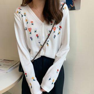 Floral Embroidered V-neck Knit Cardigan