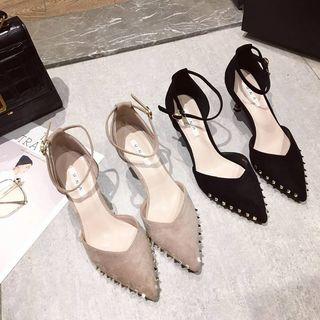 Studded Faux Suede Pointed Kitten Heel Pumps