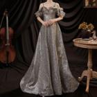 Short-sleeve Cold-shoulder Glittered A-line Evening Gown