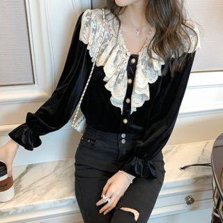 Velvet Lace Trim Long-sleeve Button-detail Blouse