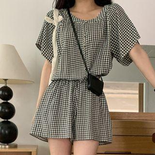 Plaid Wide Leg Jumpsuit Plaid - Black & White - One Size