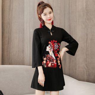 Embroidered Frog-button Mini A-line Dress