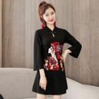 Embroidered Frog-button Mini A-line Dress