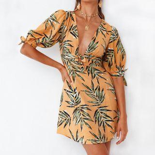 Puff-sleeve Leaf Print Romper