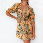 Puff-sleeve Leaf Print Romper