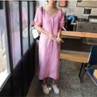 Short Sleeve V-neck Plain Dress Pink - One Size