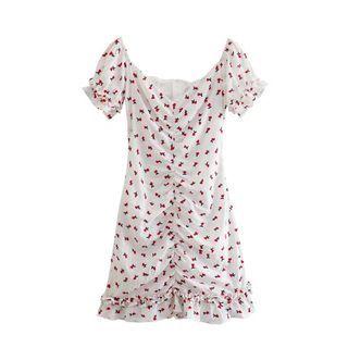 Short-sleeve Cherry Embroidered Ruched Dress
