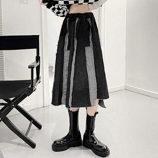 Applique Asymmetrical Denim A-line Skirt Black & Gray - One Size