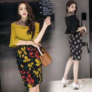 Set: Elbow-sleeve Chiffon Top + Printed Sheath Skirt