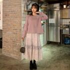 Back-slit Pullover / Midi Floral Mesh Skirt
