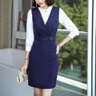 Set: Sleeveless Sheath Dress + Tie-neck Blouse