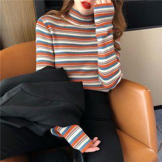 Mock-turtleneck Ribbed Striped Knit Top