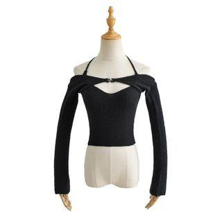 Set: Halter-neck Cropped Knit Camisole Top + Shrug