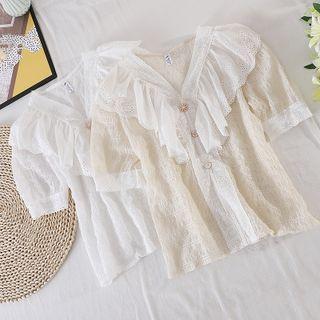 V-neck Ruffle Short-sleeve Lace Chiffon Top