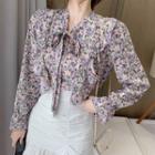 Long-sleeve Tie-neck Floral Print Ruffled Blouse