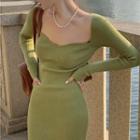 Square-neck Bodycon Long-sleeve Slit Knit Dress
