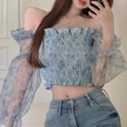 Off-shoulder Tie-dyed Smocked Blouse Blue - One Size