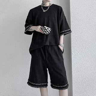 Set: Contrast Trim Oversized T-shirt + Wide Leg Shorts