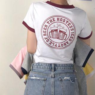 Contrast Trim Printed Short-sleeve Cropped T-shirt
