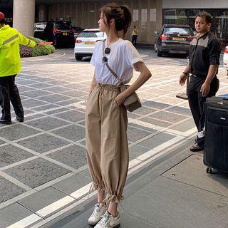 Short-sleeve T-shirt / Frill Trim Cropped Harem Pants / Set