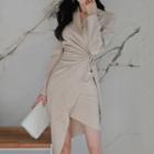 Long-sleeve Asymmetrical Wrap Sheath Dress